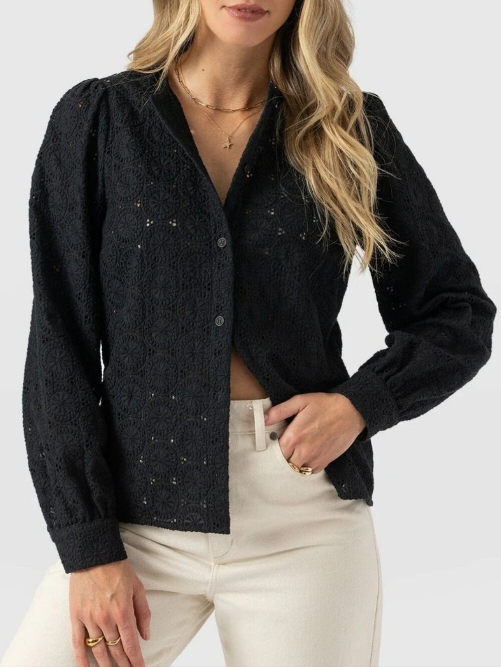 Saint + Sofia Tabitha Organic Cotton Black Eyelet Button-Front Long Sleeve Top
